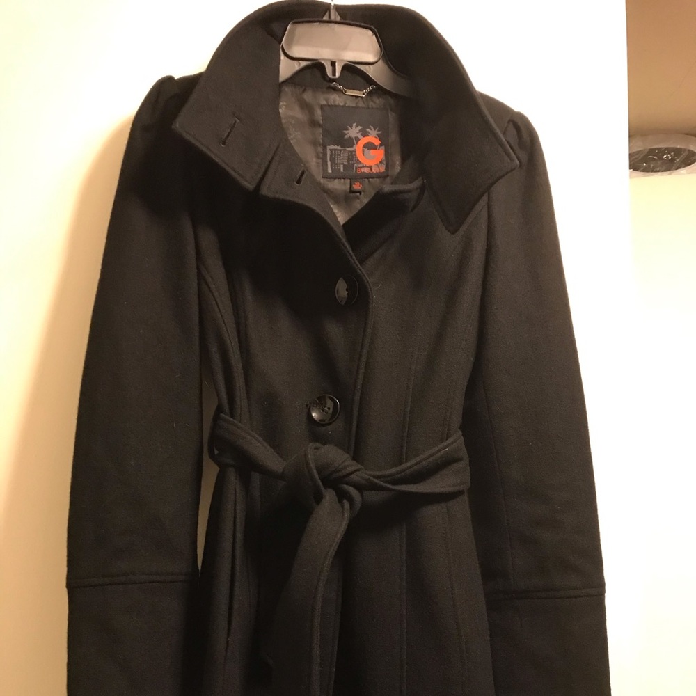 Guess Puff Sleeve Black Wool Blend Belted Coat XS